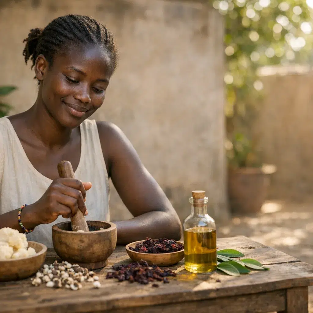 Femme sénégalaise préparant un soin de beauté naturel avec du beurre de karité, du moringa et de l'huile de baobab, illustrant la tendance A-Beauty.